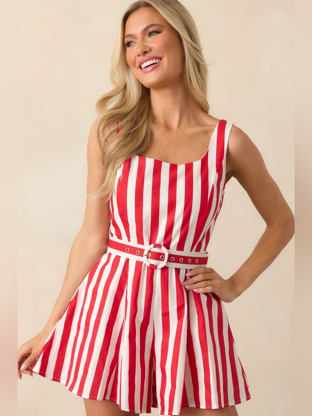 Prosperina Alessandra Red and White Striped Belted Romper